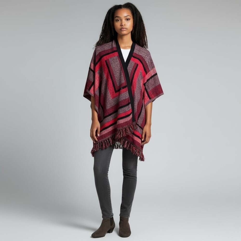 Lucky Brand Geometric Boho Fringe Open Front Poncho Cardigan Women Size M/L